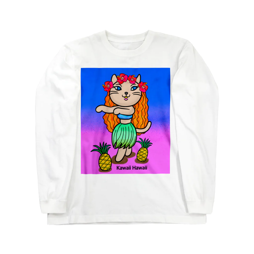 紫キャベツのかわいいハワイの　フラダンスキャット ロングスリーブTシャツ