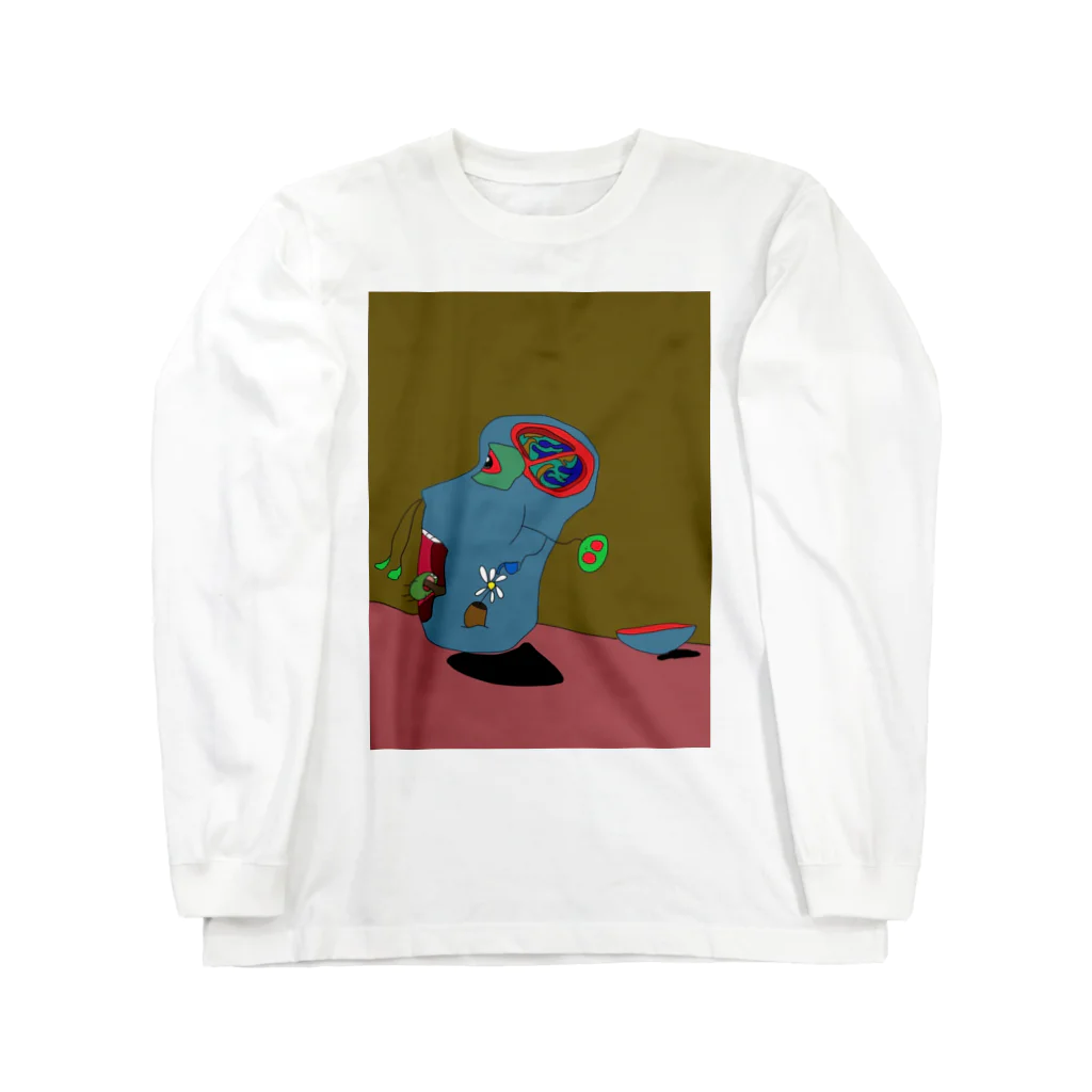 前線世界の頭の割れたモアイ像とそれに刺さった人が水やりする絵 Long Sleeve T-Shirt