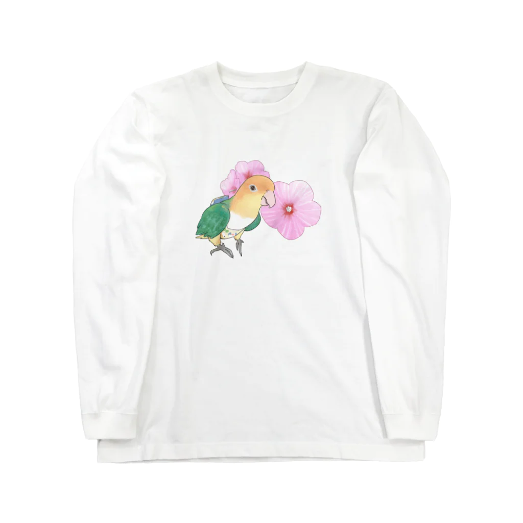 まめるりはことりのお花とシロハラインコちゃん【まめるりはことり】 ロングスリーブTシャツ