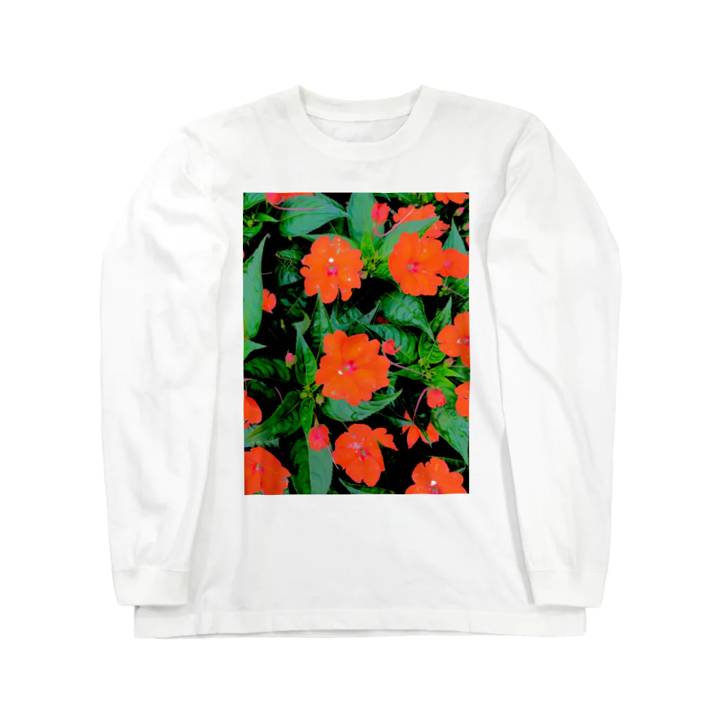 go80sのオレンジの花とグリーンの葉 ロングスリーブTシャツ