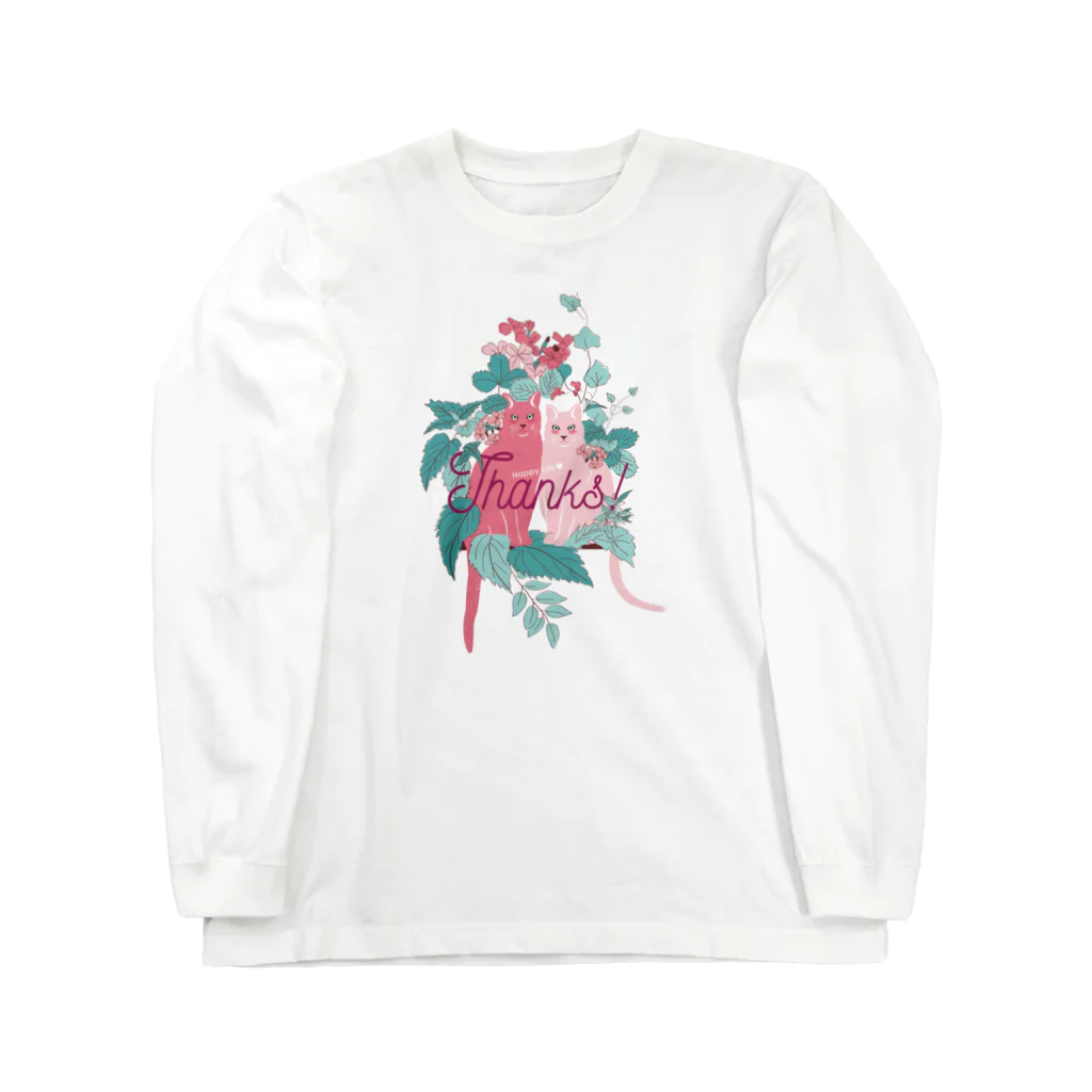 花と猫　オリジナルショップのpink cat ロングスリーブTシャツ