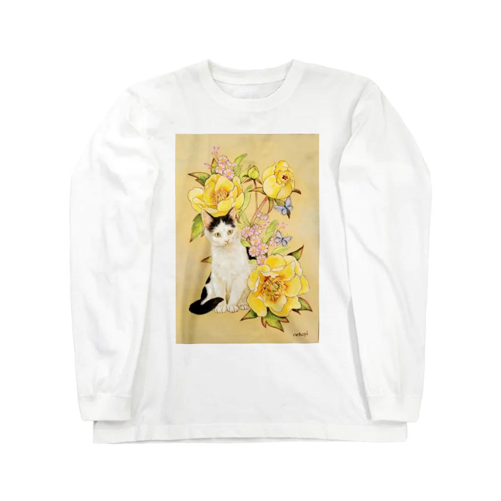 おちょぴの黄色い牡丹と富士額猫 ロングスリーブTシャツ