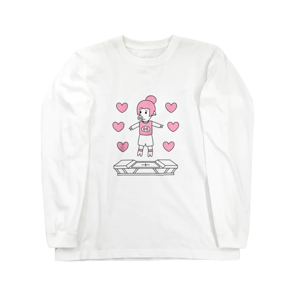 豚人イラストのパンダ武島のピッグトランポリン（ピンク） Long Sleeve T-Shirt