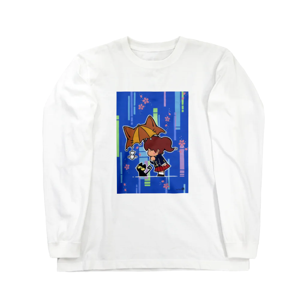 ざしきにゃんこ製作所の雨とさくらとにゃんこと私 Long Sleeve T-Shirt