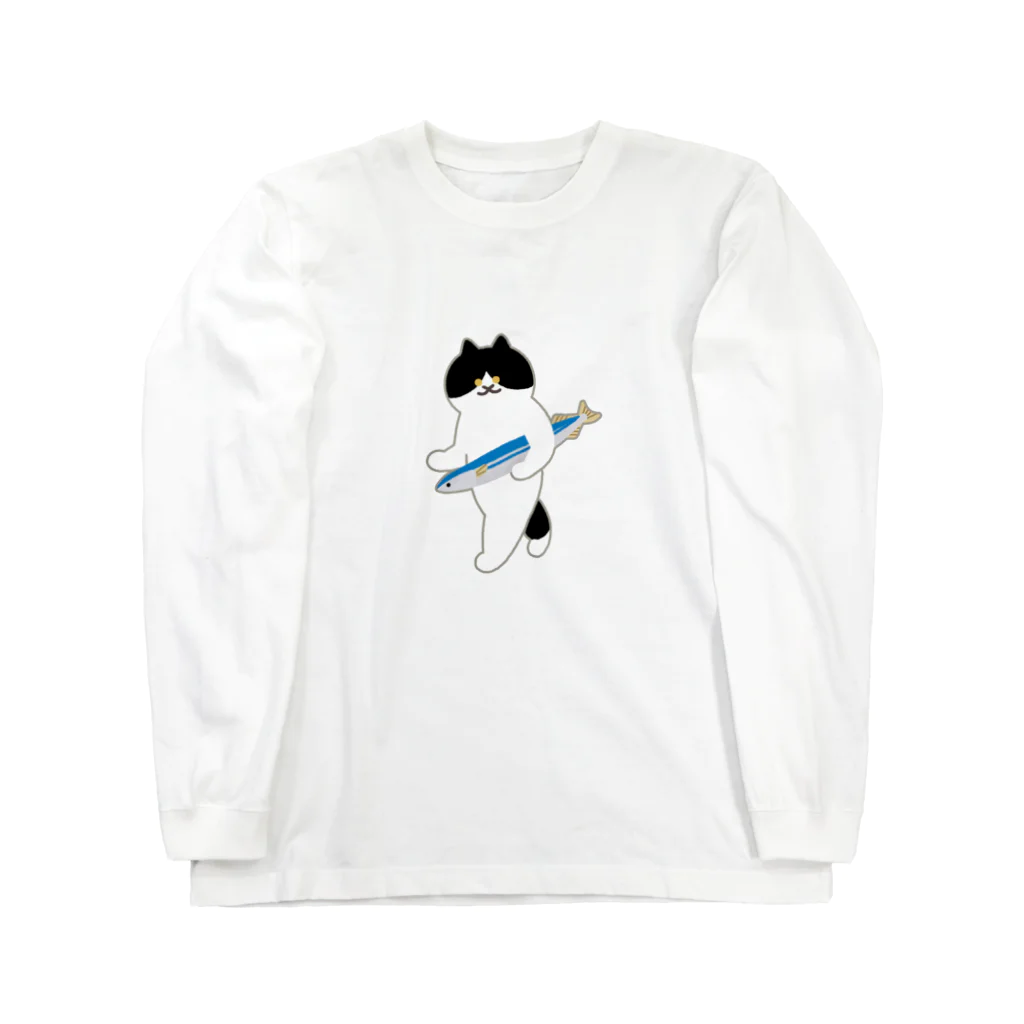 SUIMINグッズのお店の【中・フチあり】盗んだサンマと歩き出すねこ Long Sleeve T-Shirt