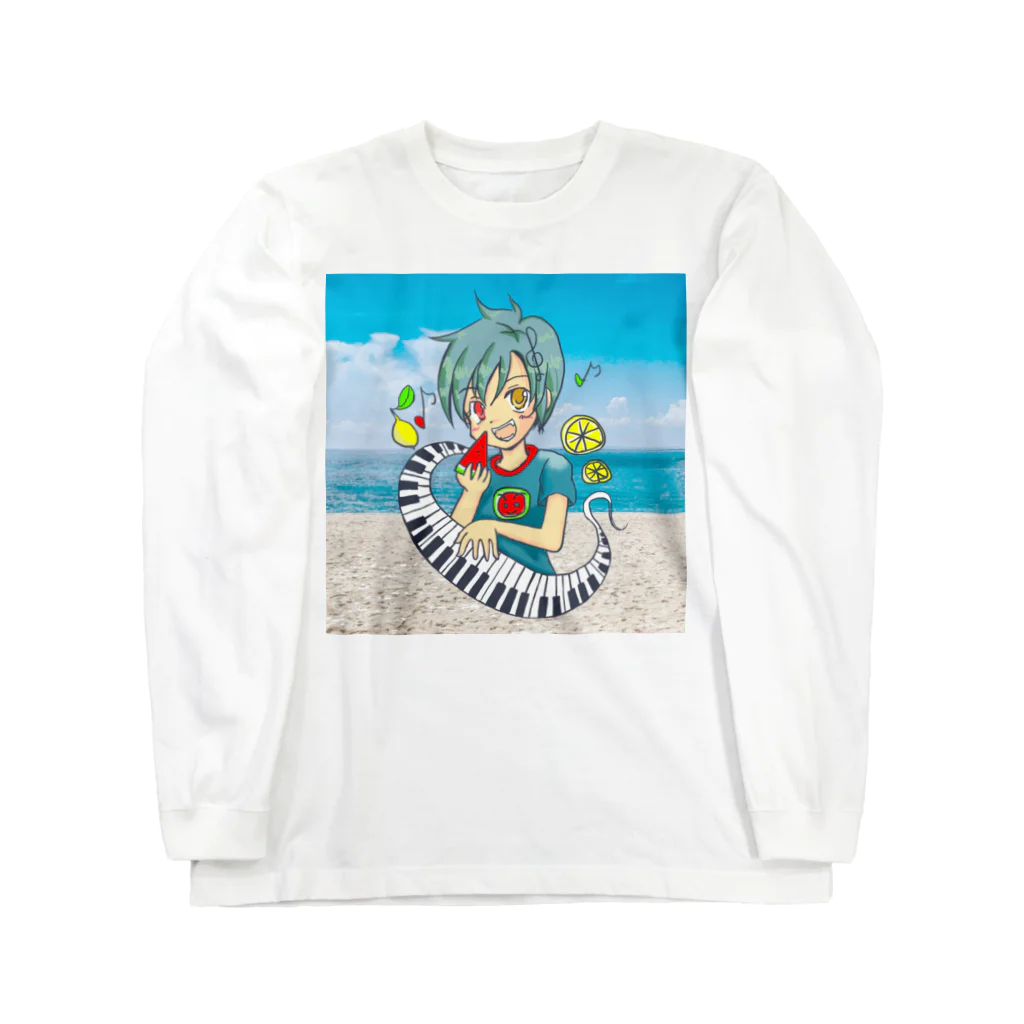 さくらんぼねこのスイカとピアノが大好きな少年 Long Sleeve T-Shirt