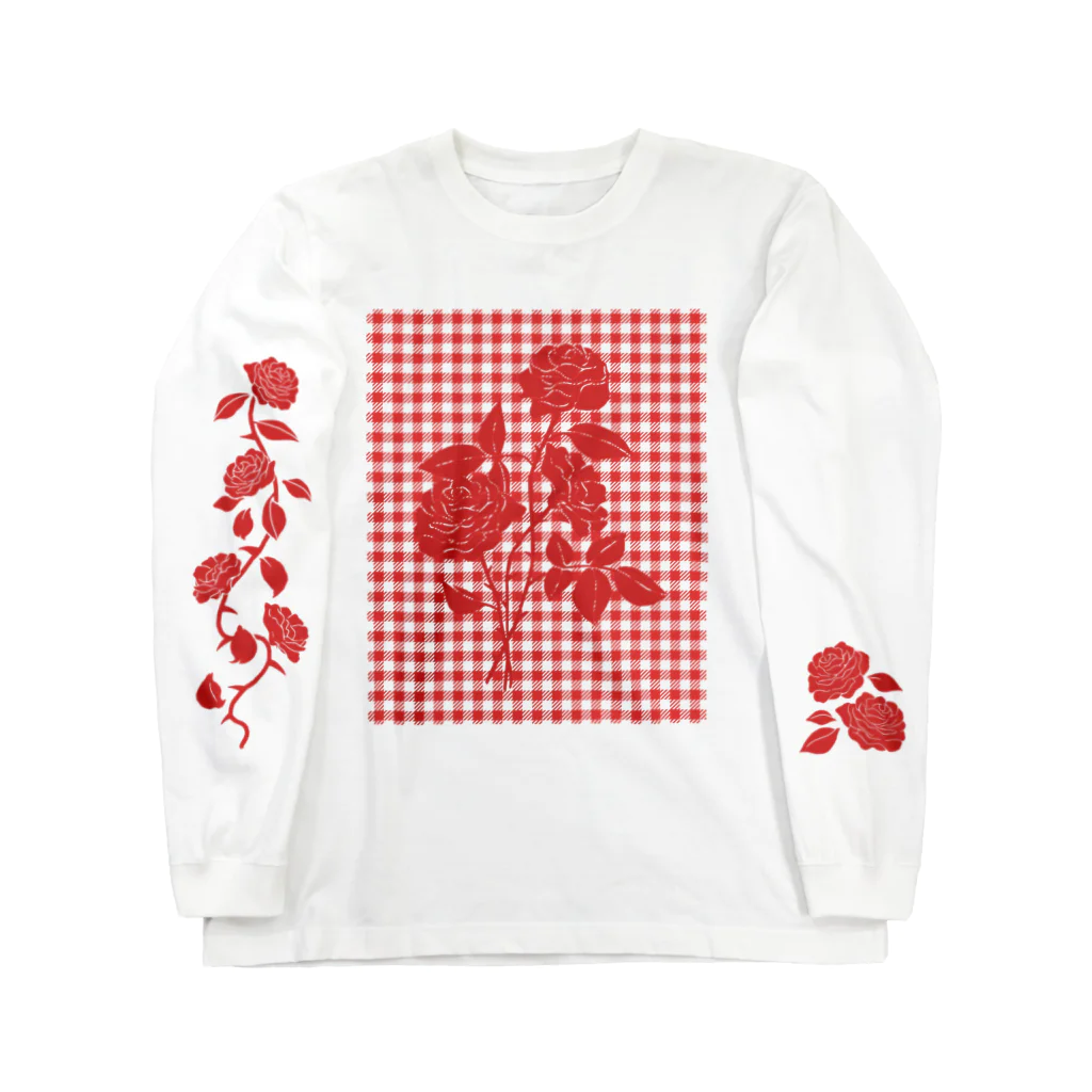 chabiのrose×gingham check/red Long Sleeve T-Shirt
