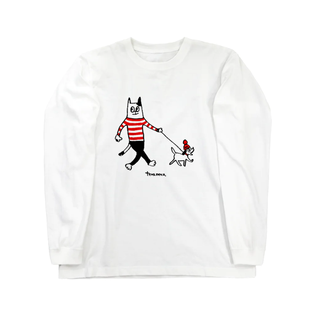 てら ねこグッズのワンちゃんとお散歩するねこさん。 Long Sleeve T-Shirt