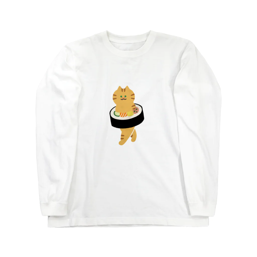 SUIMINグッズのお店の【中】太巻きを自らに巻きつけて運ぶねこ Long Sleeve T-Shirt