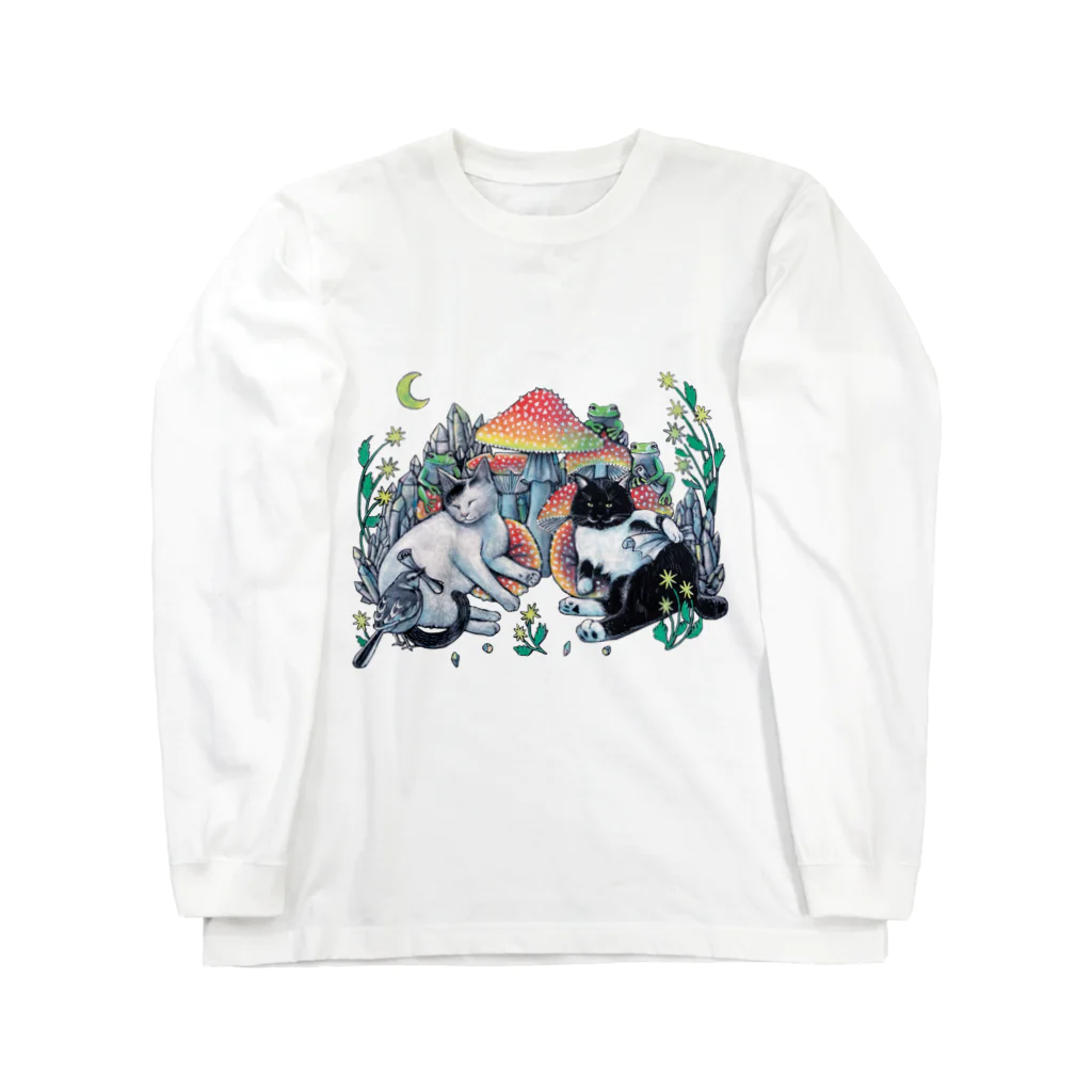 星月猫　徳島洋子のににタキ猫会議 猫とカエルと鳥とキノコ Long Sleeve T-Shirt