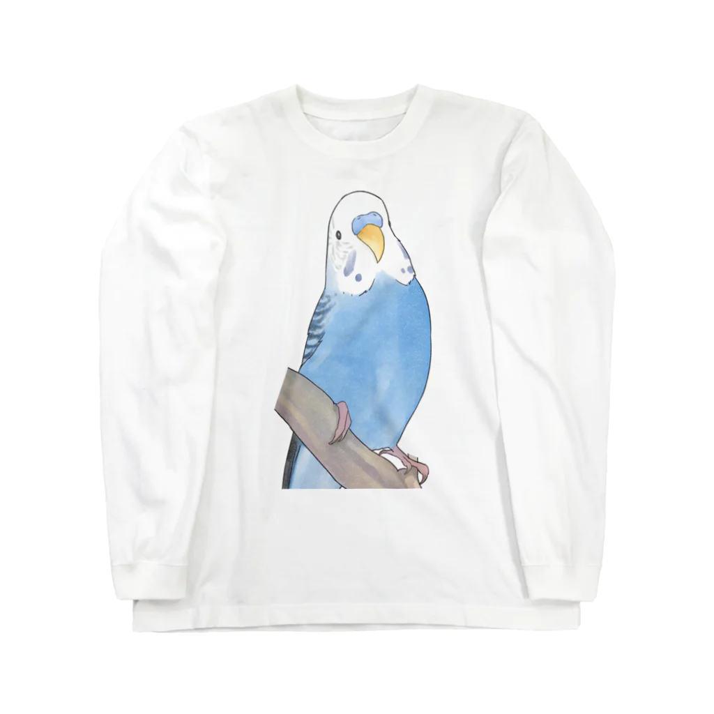 まめるりはことりのセキセイインコちゃんと止まり木【まめるりはことり】 ロングスリーブTシャツ