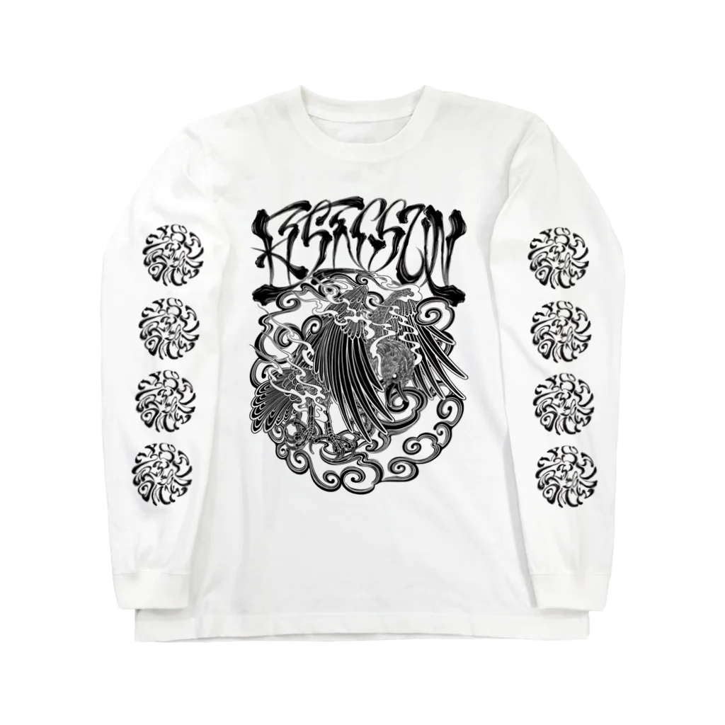 Y's Ink Works Official Shop at suzuriのRising sun Crow (Black Print) Long Sleeve T-Shirt