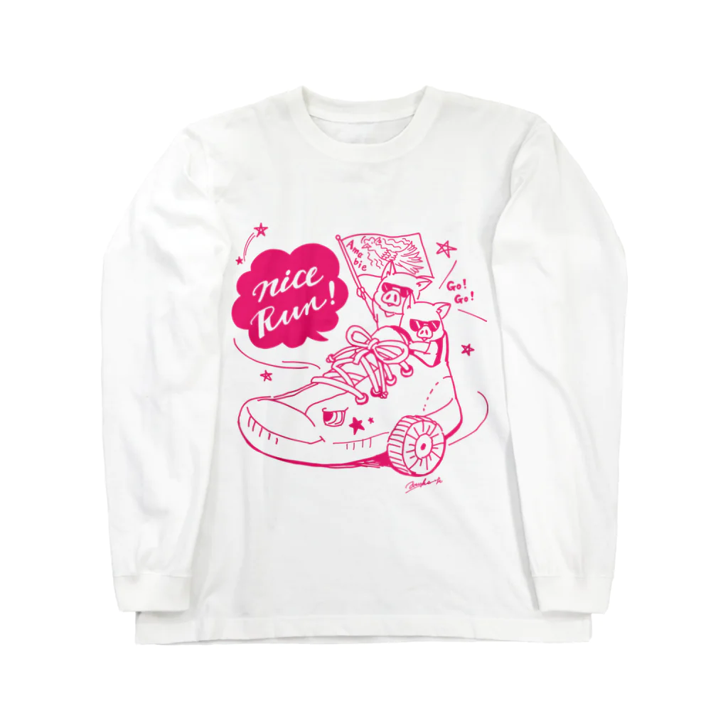 Hitotsuki Designのカラーが選べる/Twin pigs (プリント:Pink） ロングスリーブTシャツ