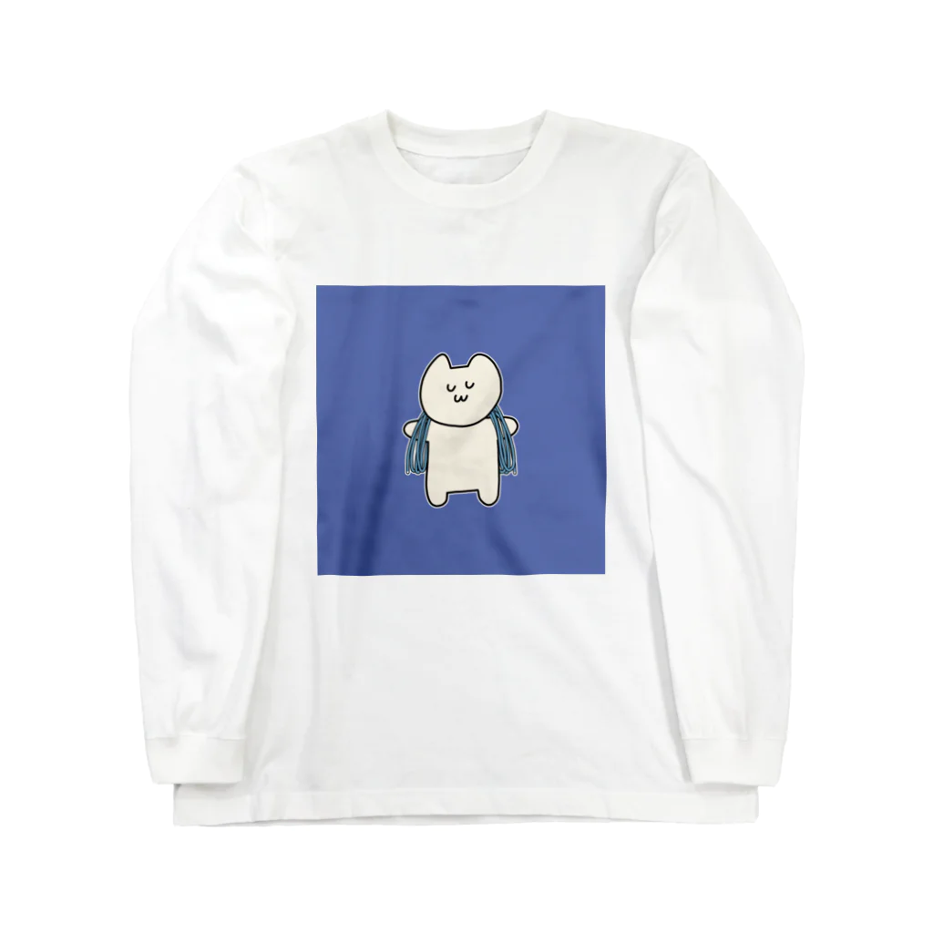 岩と猫の肩にロープをかけた猫ちゃん（青）Tシャツ Long Sleeve T-Shirt