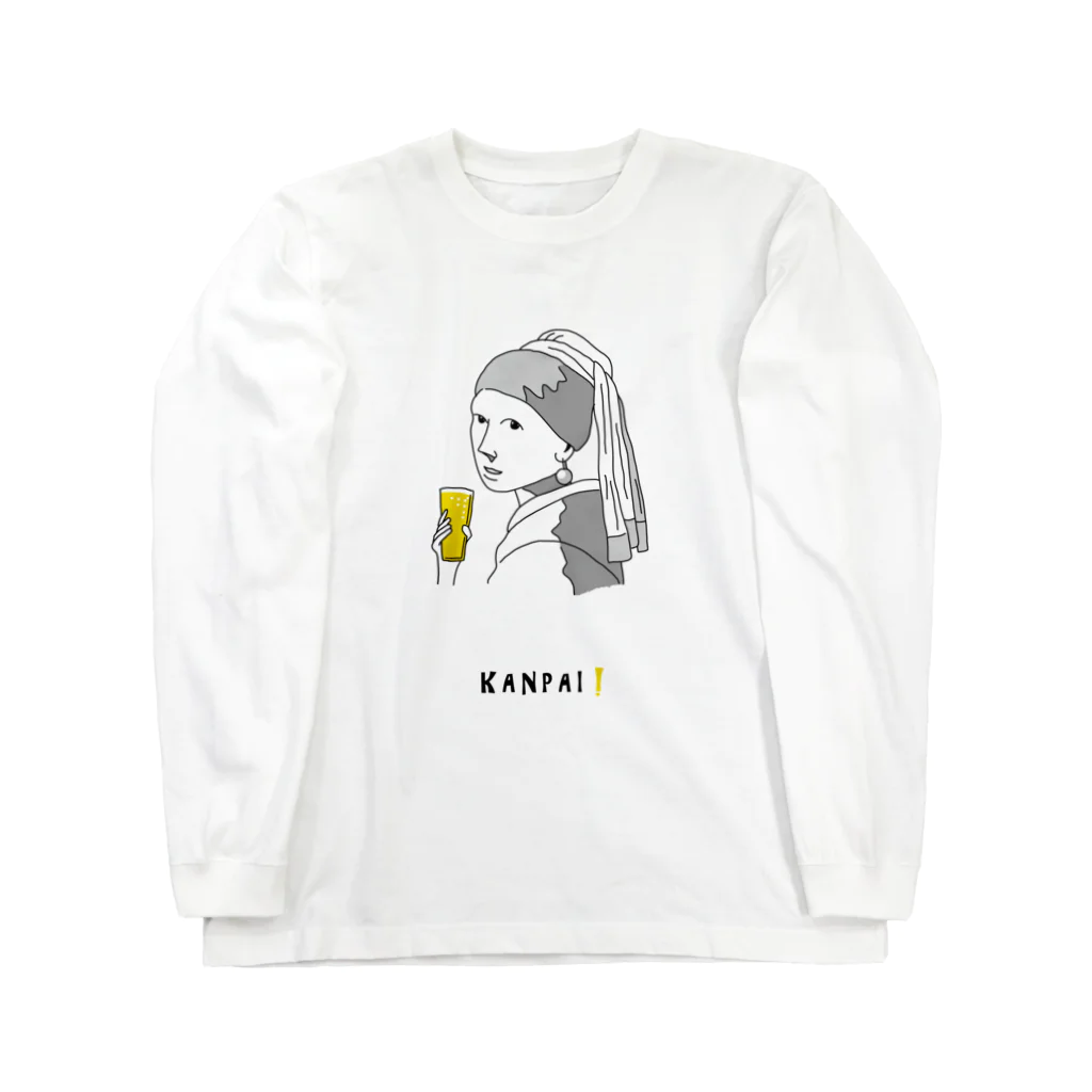 ビールとアート TM-3 Designの名画 × BEER（真珠の耳飾りの少女）黒線画 ロングスリーブTシャツ