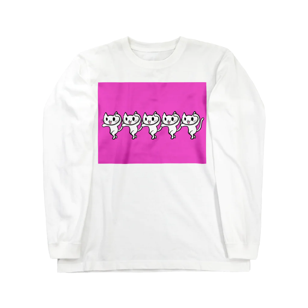 ユウコ∞ナカムラのショップの踊るネコネコシリーズ（白ネコ×ビビッドピンク） ロングスリーブTシャツ