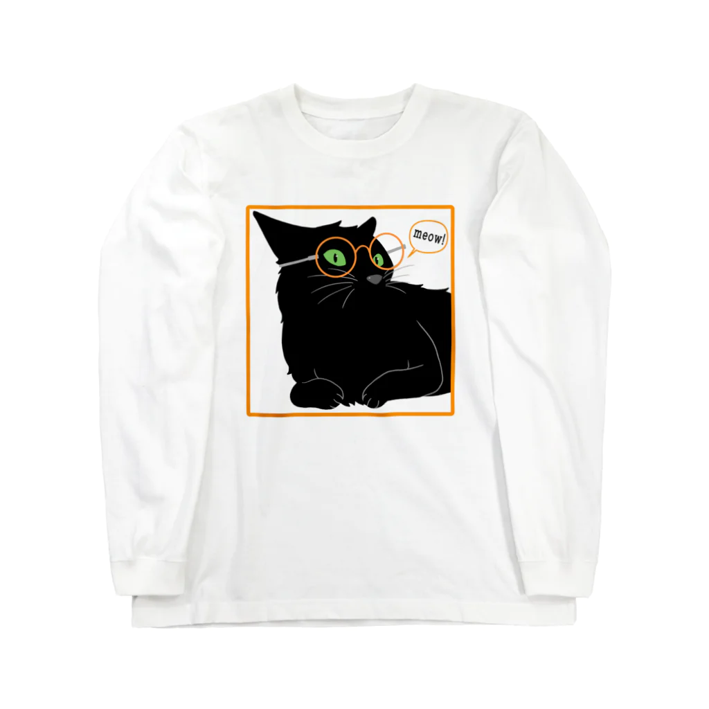 ねむ吉屋のメガネ黒猫 ロングスリーブTシャツ