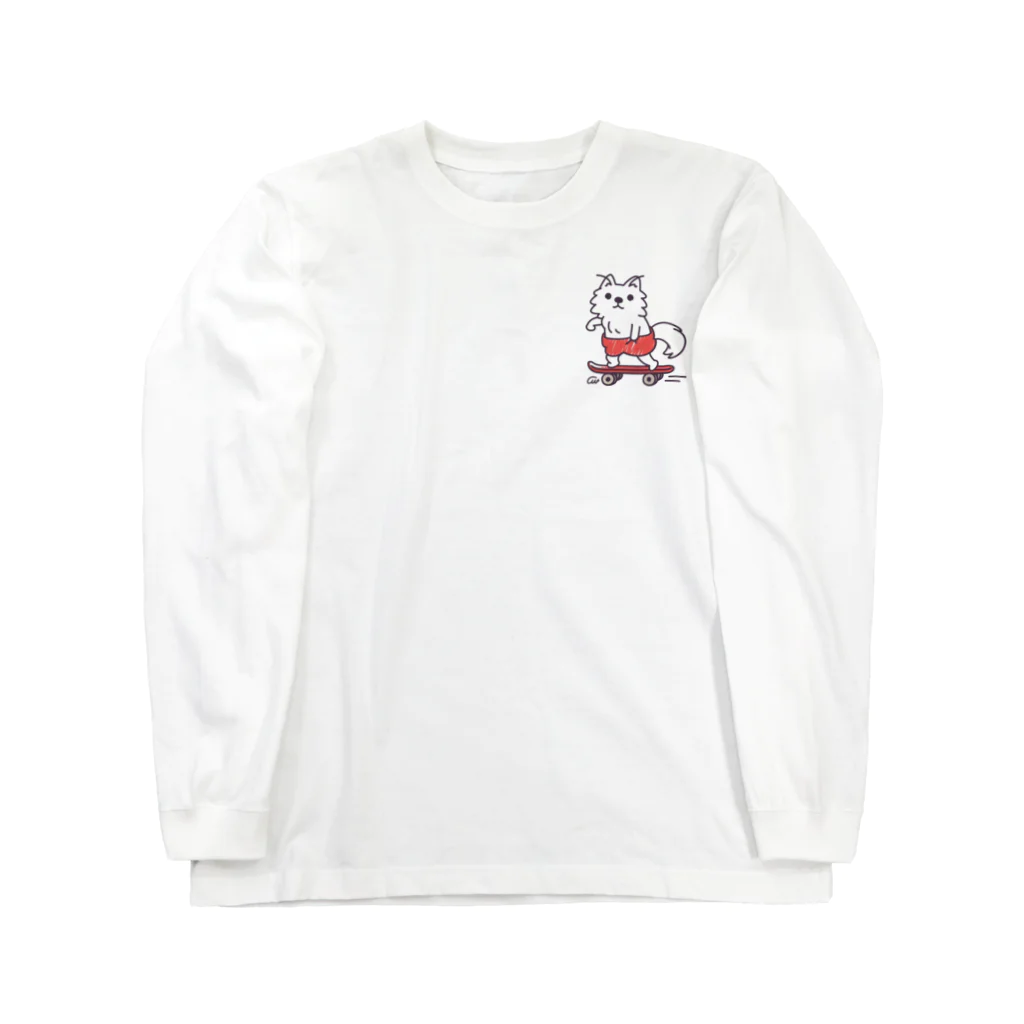 イラスト MONYAAT のワンポイント 赤ぱんポメラのスケボー Long Sleeve T-Shirt