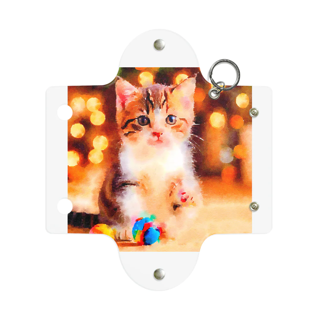猫好きの谷の猫の水彩画/キジシロねこのイラスト/おもちゃで遊ぶキジ白ネコ ミニクリアマルチケース