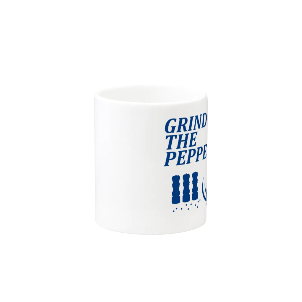 オノマトピアのペッパーミル・パフォーマンス(GRIND THE PEPPER)胡椒挽き・文字ブルー Mug :other side of the handle