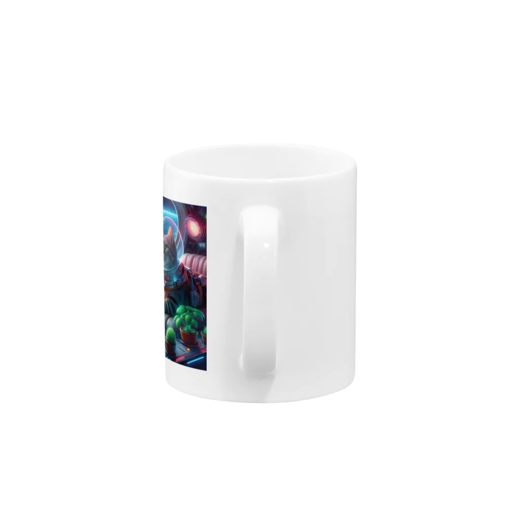 ニャーちゃんショップの宇宙船で植物を育てながら宇宙旅行している猫 Mug :handle