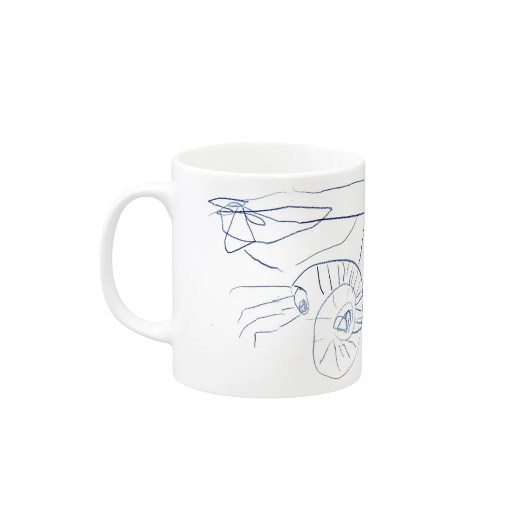 5歳児のお店屋さん　深海と猫といきもの全部のぼくが描いたアンモナイトとダコサウルス Mug :left side of the handle