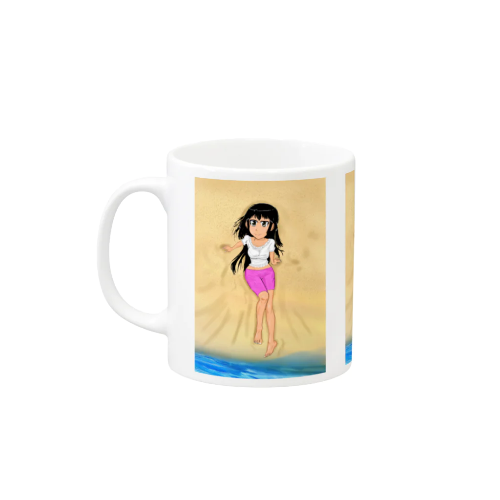 げーむやかんのカラー黒髪女子浜辺背景 Mug :left side of the handle