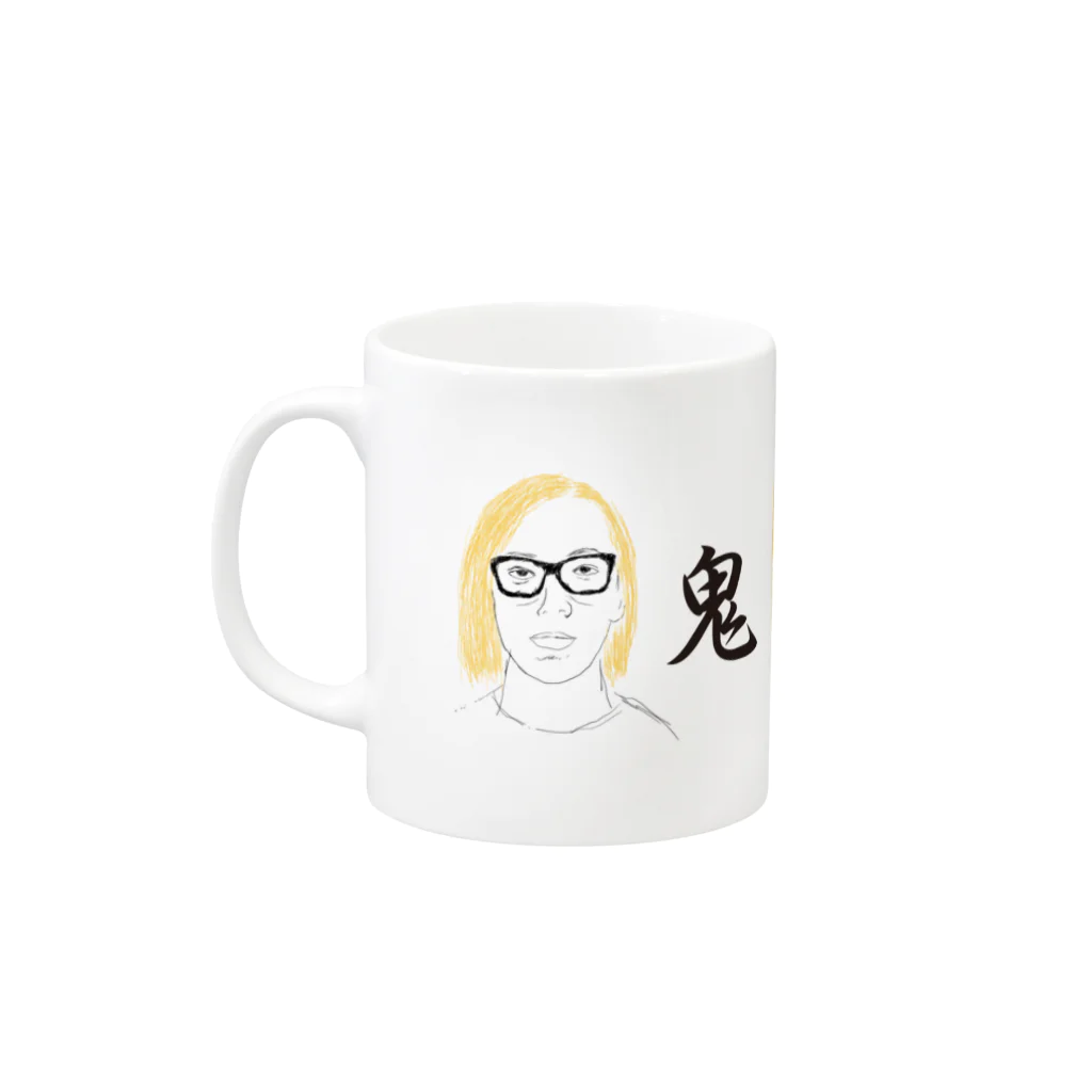 白と水色のカーネーションストアの鬼カップ Mug :left side of the handle