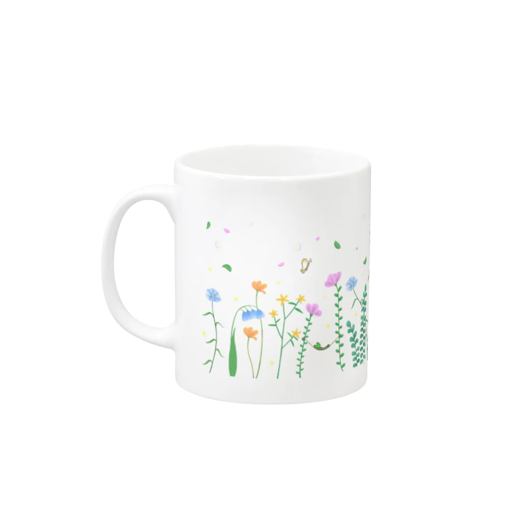 カワラリマーの花畑で春風と遊ぶ仲良しトリオ Mug :left side of the handle