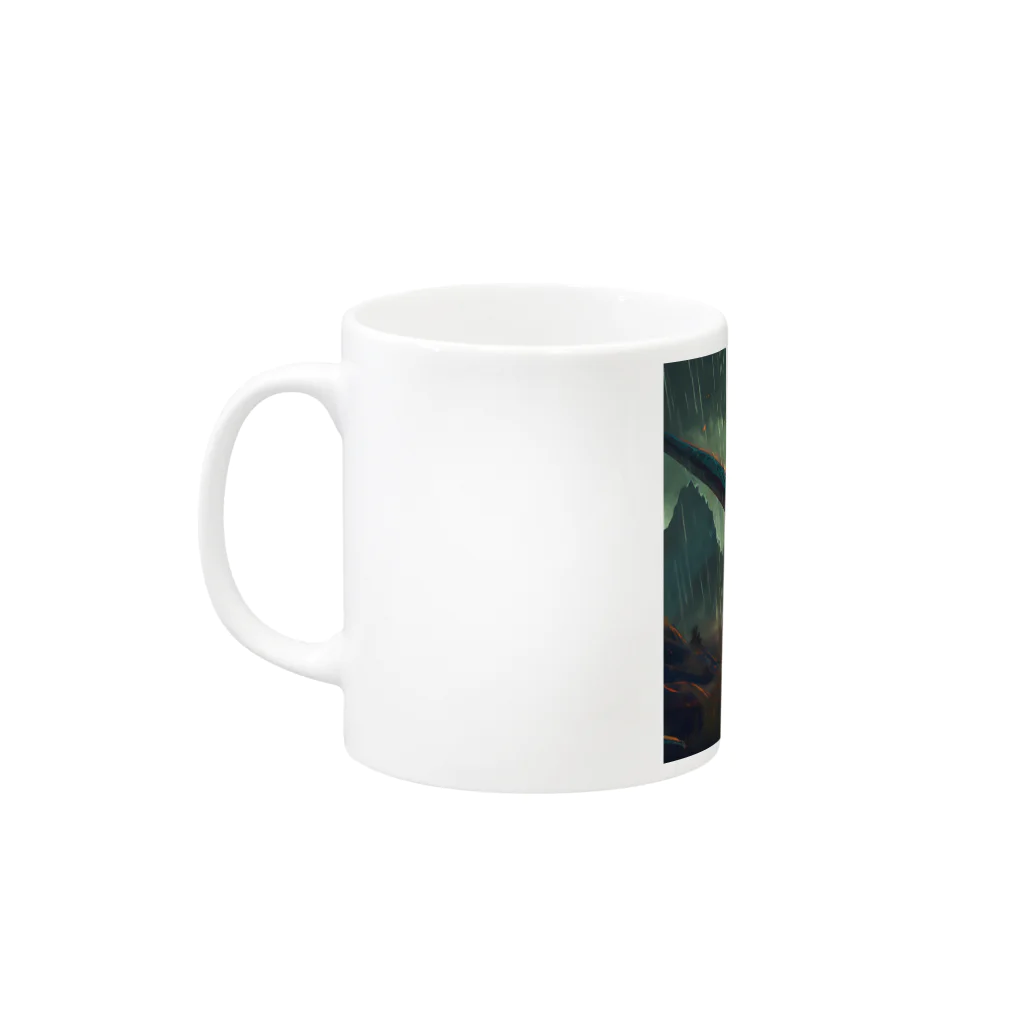 qi6（恐竜グッズ販売中！🦖）の炎を吐き出すヴェロキラプトル Mug :left side of the handle