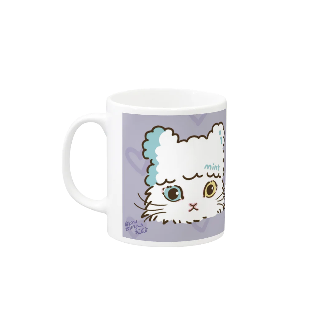 猫のきぬくんのお店のミンマカちゃん　マグカップ　パープルハート Mug :left side of the handle