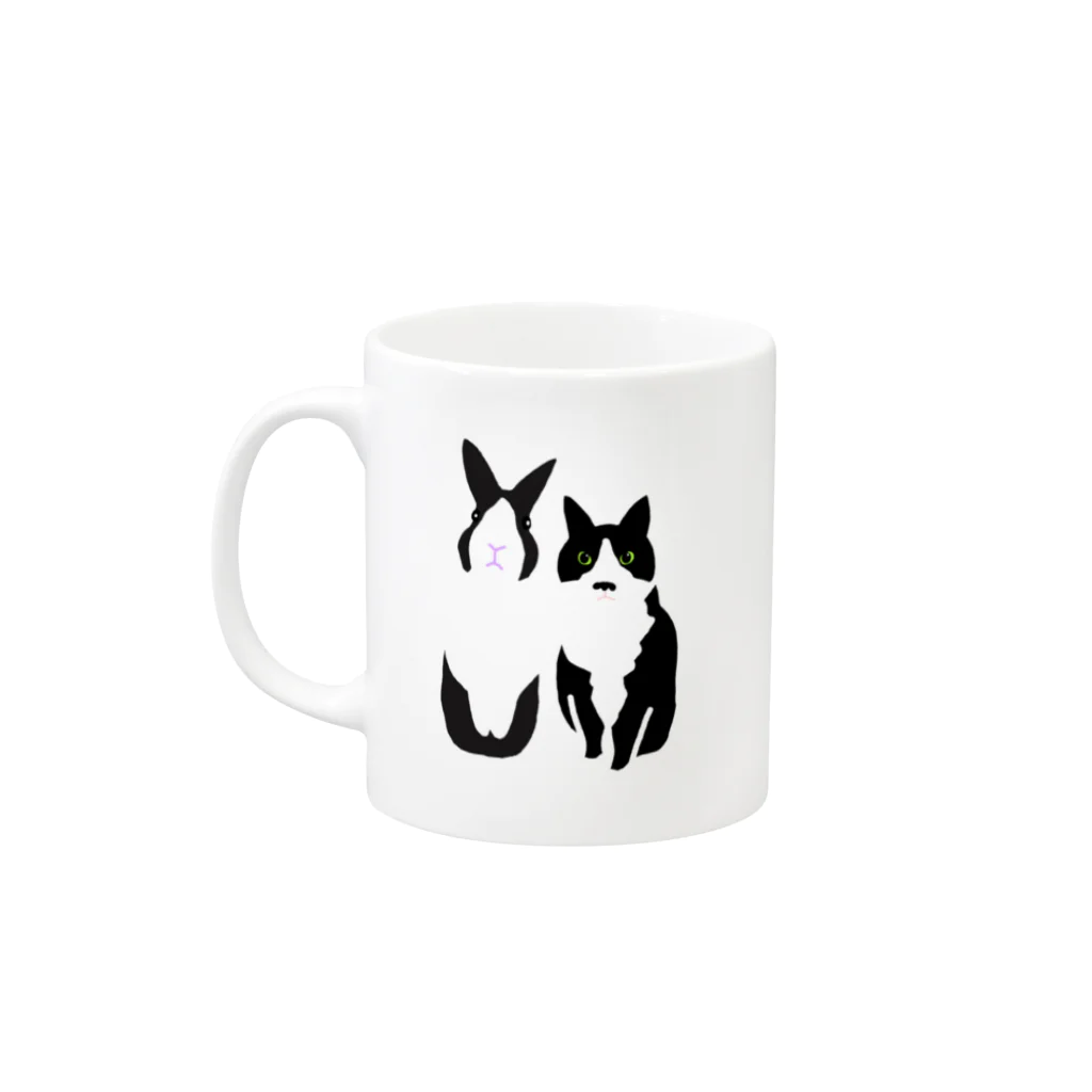 黒白部のダッチうさぎ(立)とハチワレねこ Mug :left side of the handle