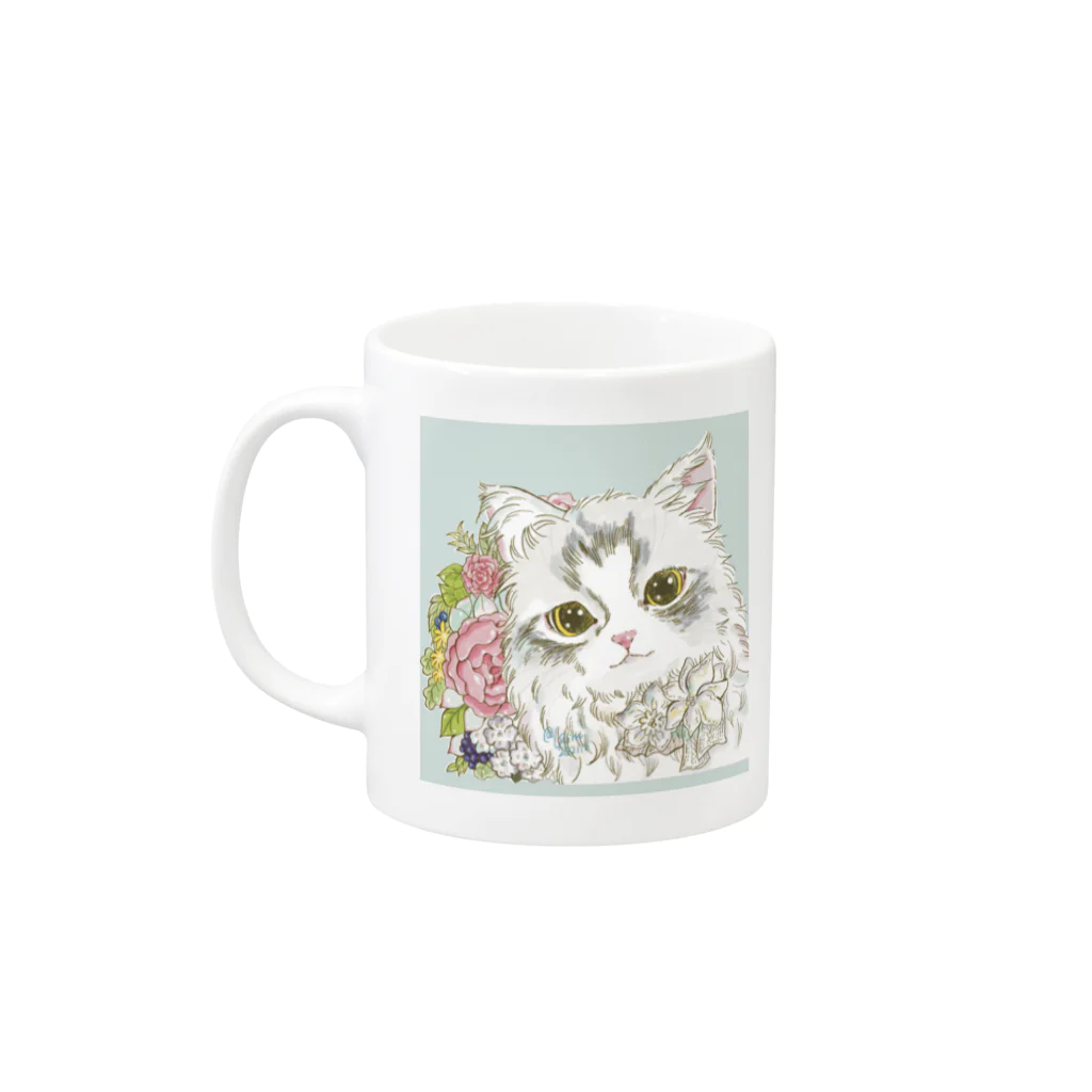 猫のきぬくんのお店のお花とドレミちゃんお名前入り Mug :left side of the handle