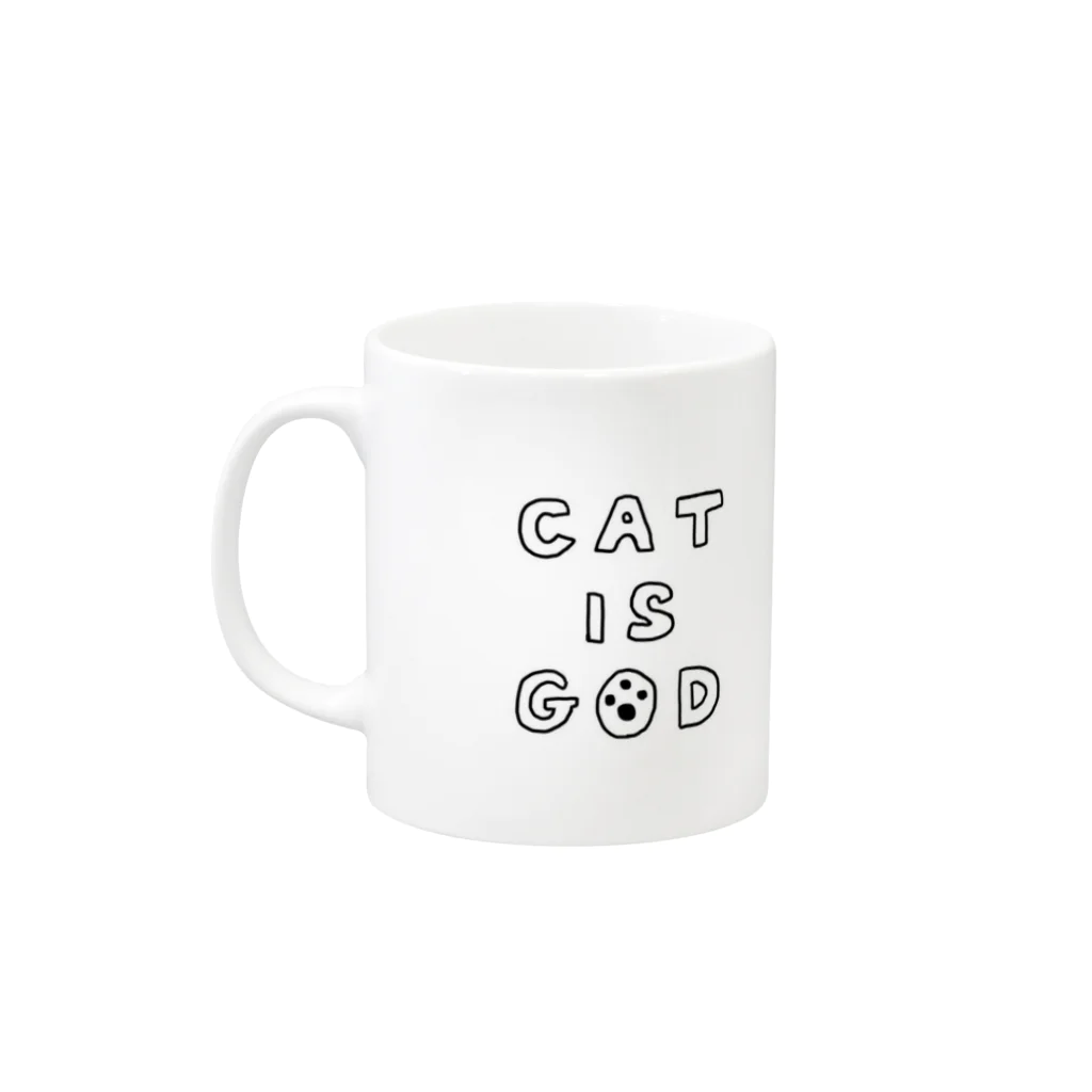 ムラカミアヤコのCAT IS GOD (ネコを信じよ） マグカップの取っ手の左面