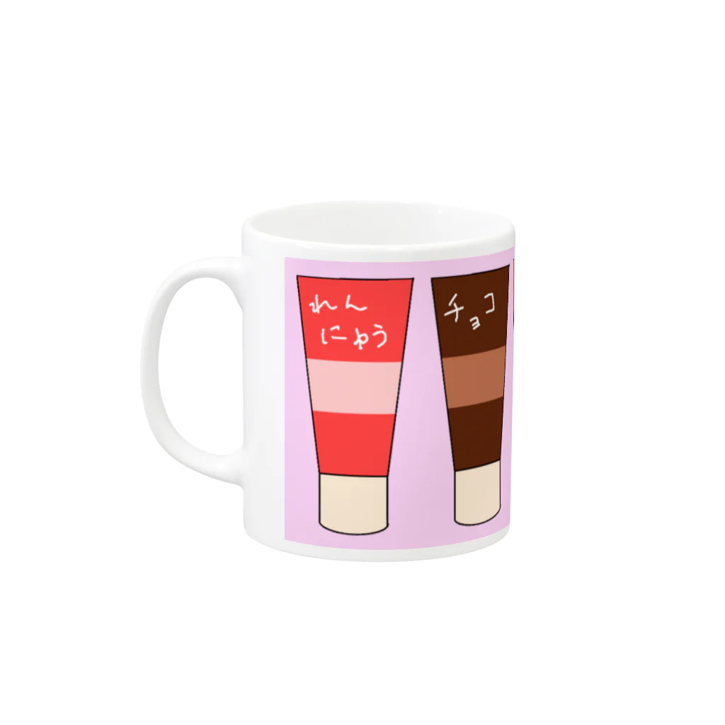 手描きのエトセトラのチューブ(練乳、チョコ) Mug :left side of the handle