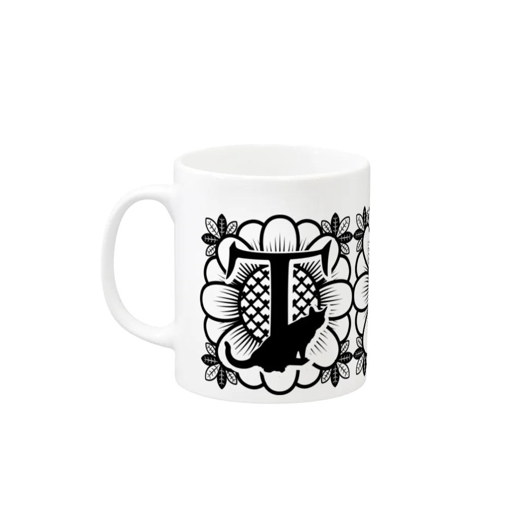 レトロネコ雑貨 華鳥風月のレトロネコ　マグカップ　イニシャル T Mug :left side of the handle