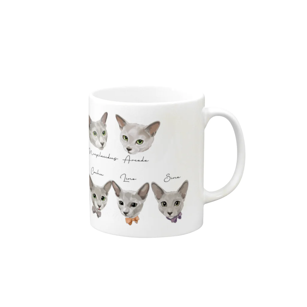 みきぞーん｜保護猫 ミッキー画伯と肉球とおともだちのarcade & miaplacidus & hoshi & cochu & lino & sina Mug :right side of the handle