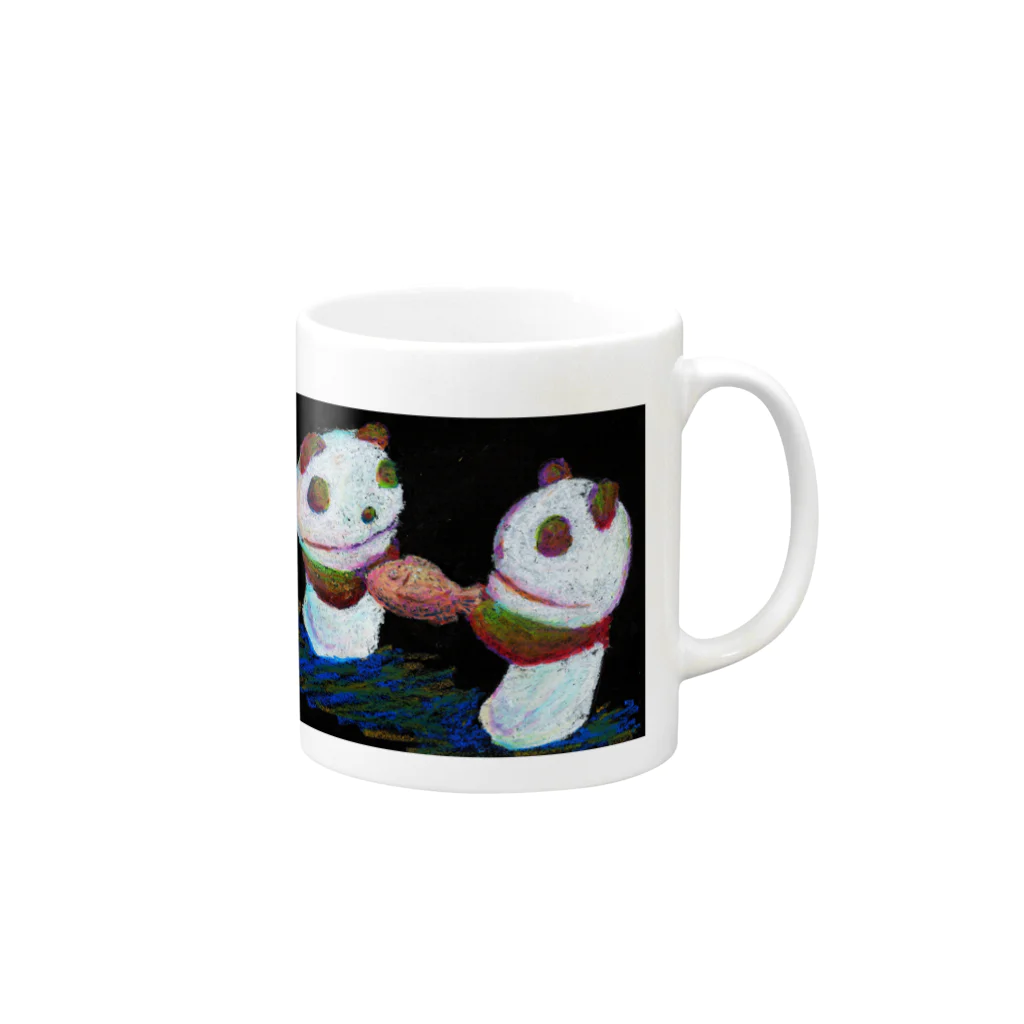 やまのうえのきのこのお店　～きのこ&パンダ～の「たい焼きをめぐって争うパンダ」 Mug :right side of the handle