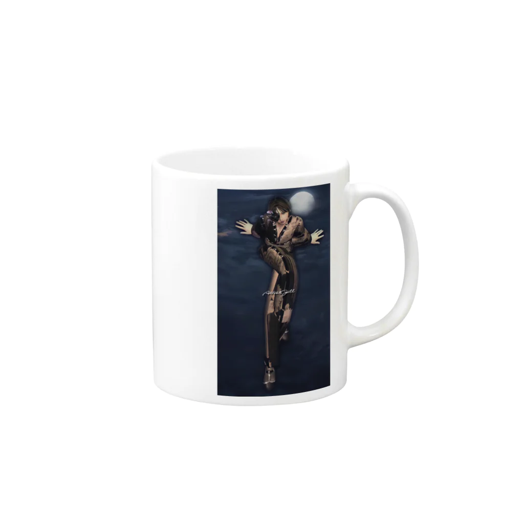 【ホラー専門店】ジルショップの月夜に浮かぶ着物の美女 Mug :right side of the handle