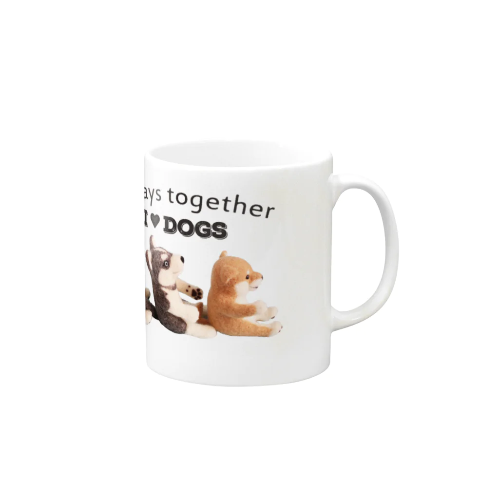 Handmade by CaranfeeのI ♥ dogs 柴犬 シベリアンハスキー ブルドッグの 仲良しトリオ(黒文字Ver.)  Mug :right side of the handle