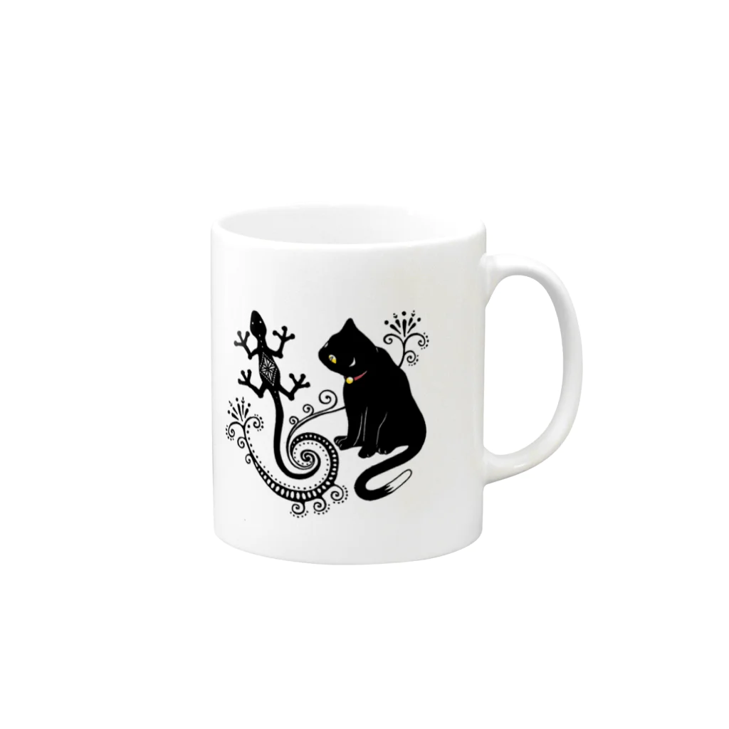 柚子の猫とトカゲ(メヘンディ) Mug :right side of the handle