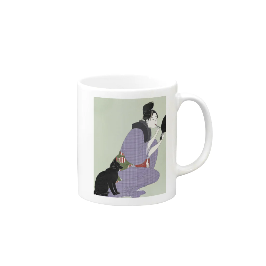 keeeeeep smilingの口紅を塗る女とスリスリする猫 Mug :right side of the handle