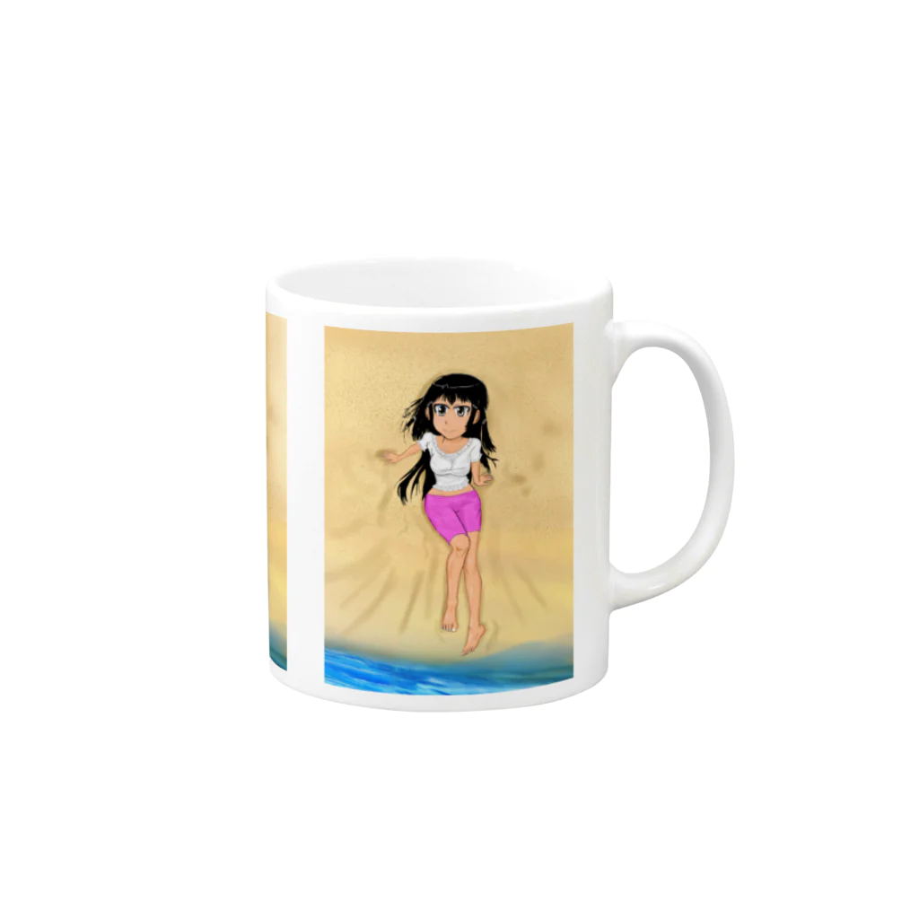 げーむやかんのカラー黒髪女子浜辺背景 Mug :right side of the handle