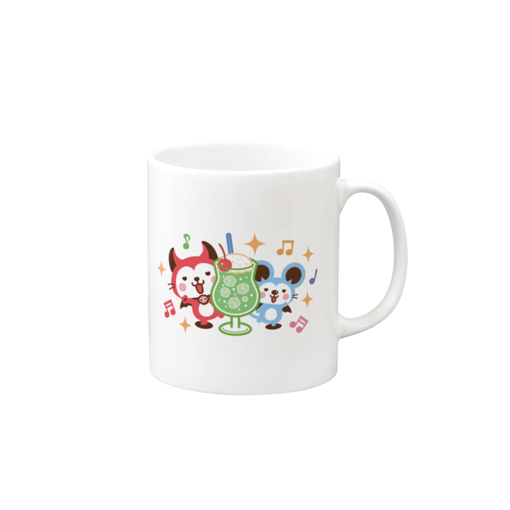 ミニマムユニヴァース@SUZURIのデビねこくんとデビねずちゃん マグカップ クリームソーダ Mug :right side of the handle