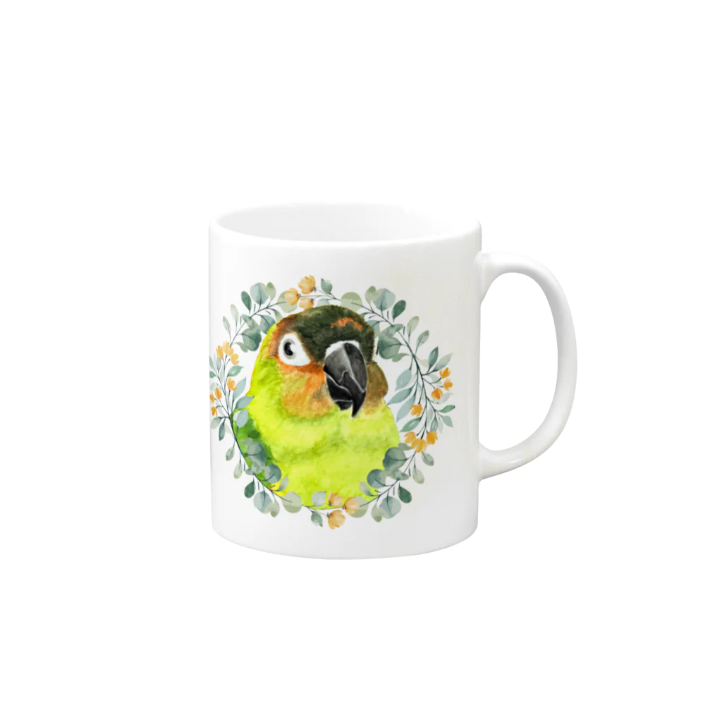 mariechan_koboの020 クロカミインコ(ハイブリッド)　オレンジ小花のリース Mug :right side of the handle