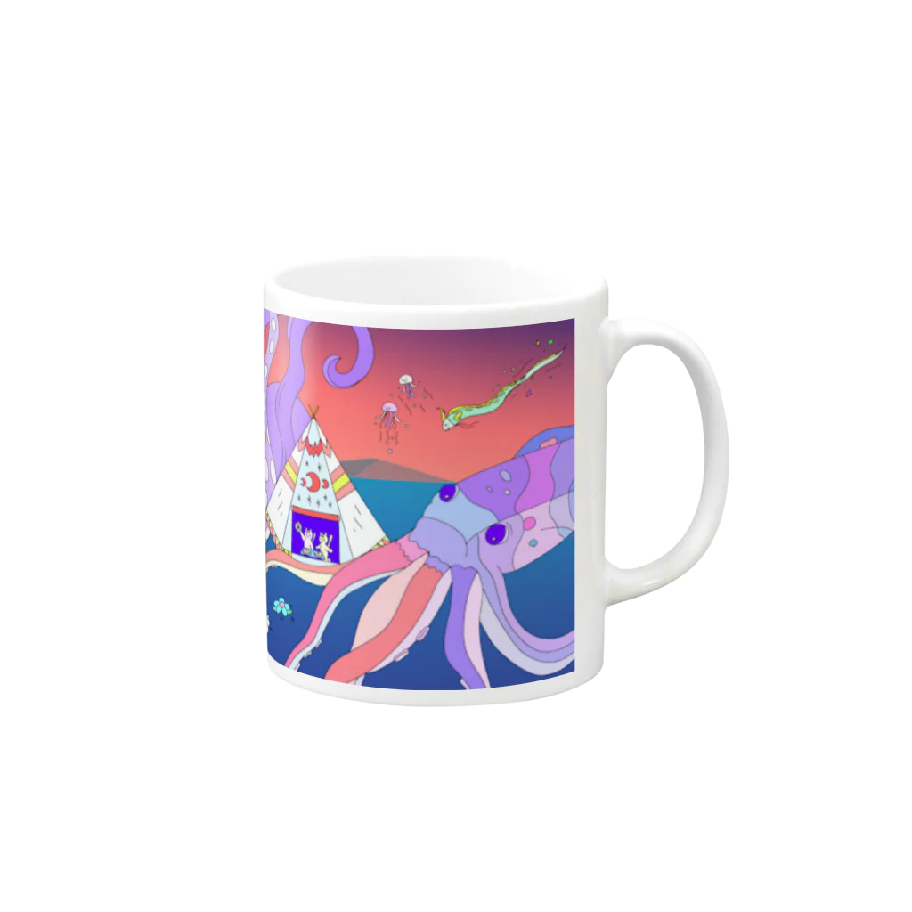 宇宙キャンプの深海でDJするねこ、タコとイカ、クラゲ、リュウグウノツカイ Mug :right side of the handle