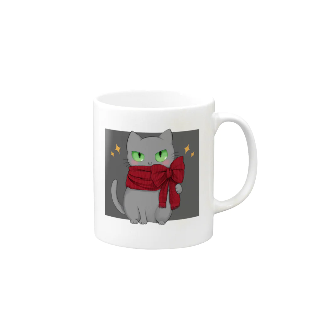 ねこほうチャンネル公式グッズの冬リボンハムちゃん Mug :right side of the handle