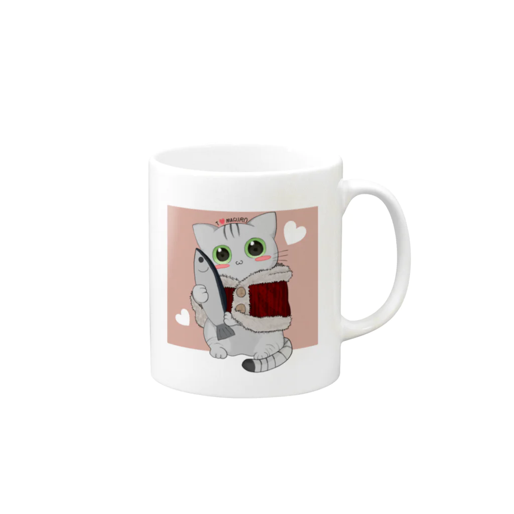 ねこほうチャンネル公式グッズの冬マグロマロちゃん Mug :right side of the handle