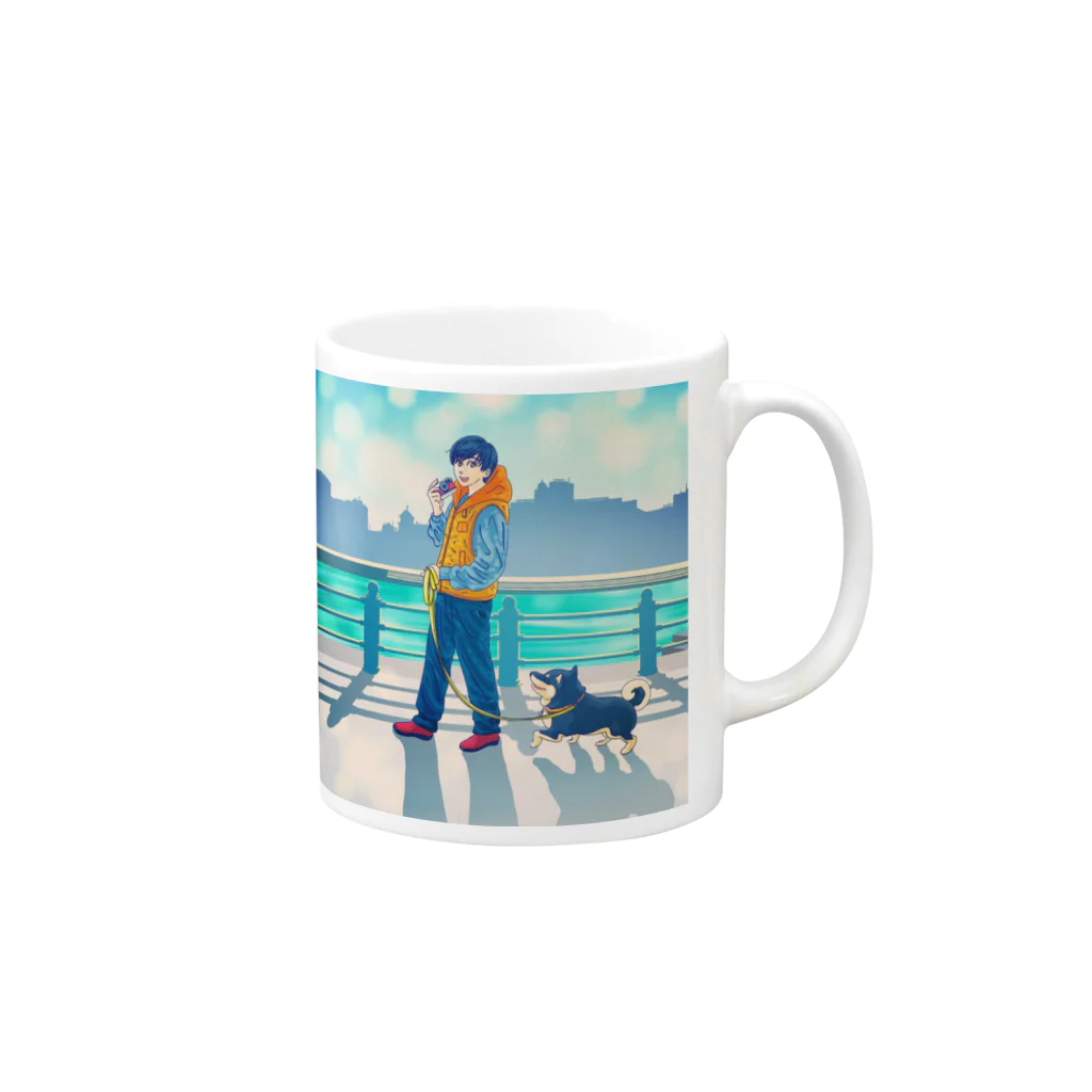 元ソムリエ今ソムリ絵あざらしば子のグッズ売り場の黒柴ふゆこと男子。小物 Mug :right side of the handle