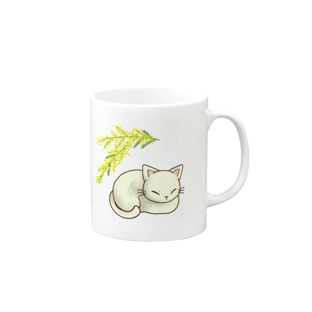 星屑とたんぽぽの猫とミモザ Mug :right side of the handle